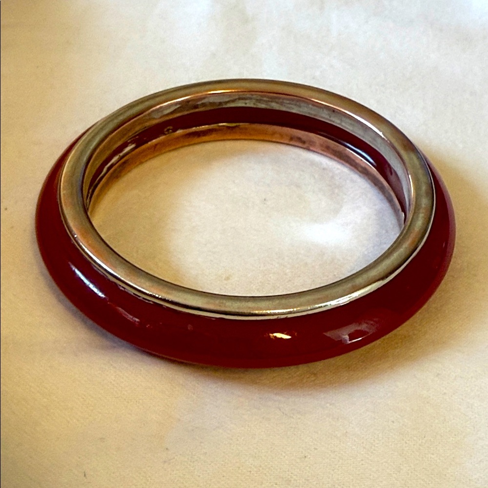 Vintage Red Enamel and Sterling Silver Bangle Bracelet